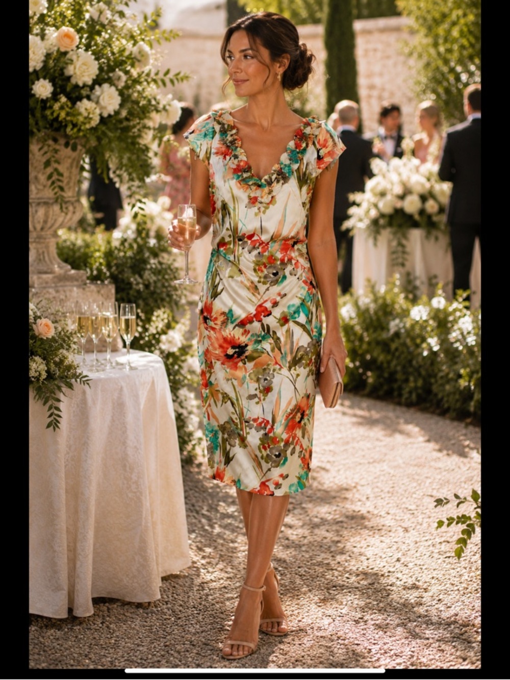 Wedding Guest Floral Midi Dress Ruched V-Neck Pleated Trim Maggy London 12
